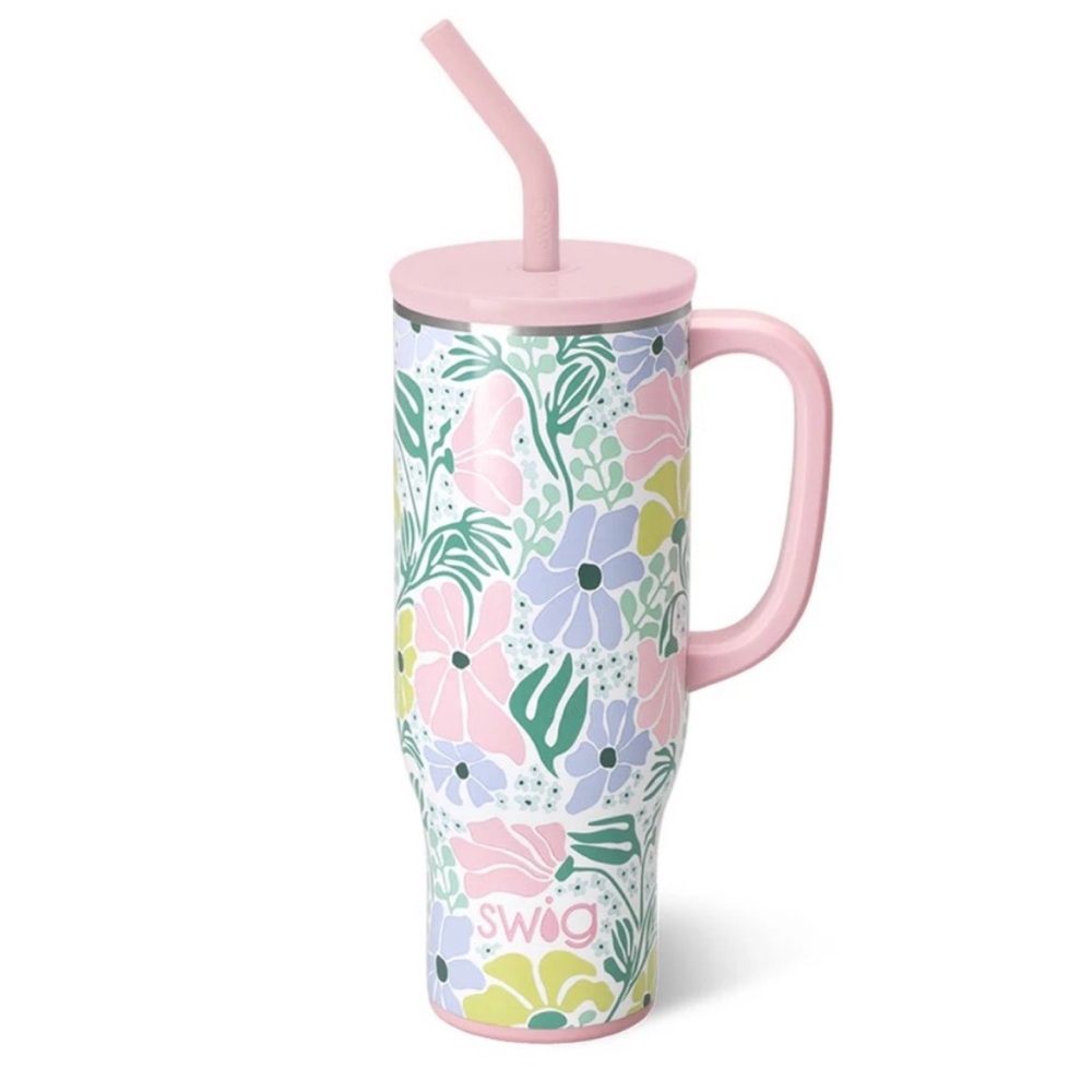 Swig Pink Floral Insulated Travel Tumbler with Handle and Straw